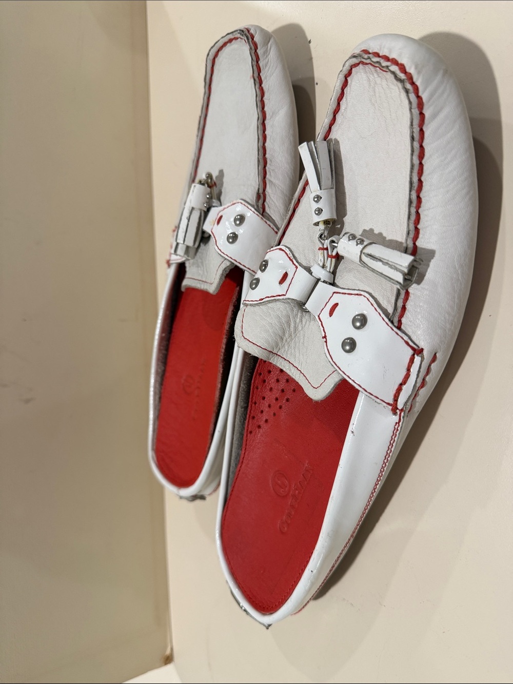 Cole Haan White and Red Leather Tassel Mules